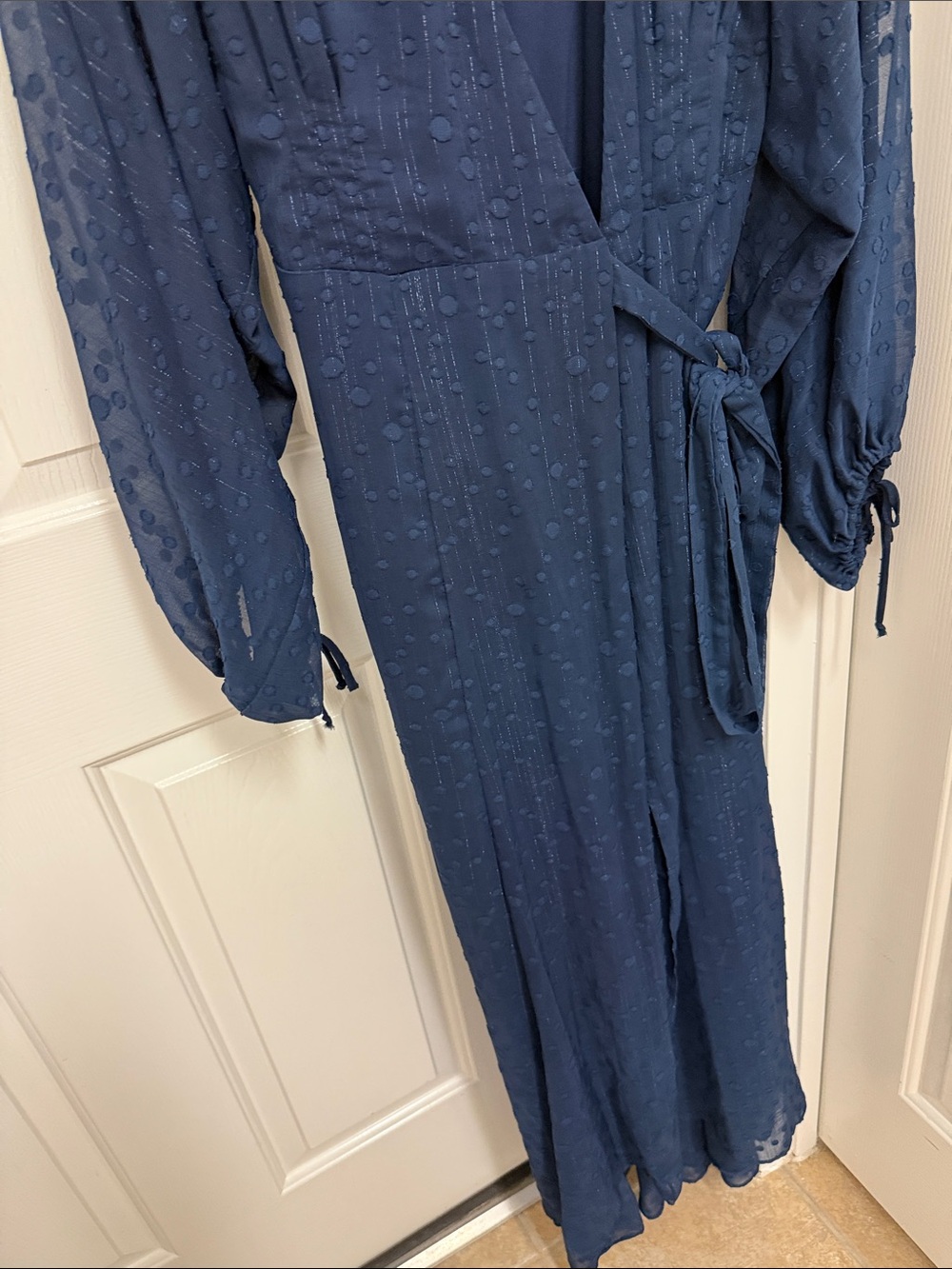 Anthropologie Name brand V-Neck Navy Maxi Dress with Sheer Dot Sleeve - Picture 6 of 8